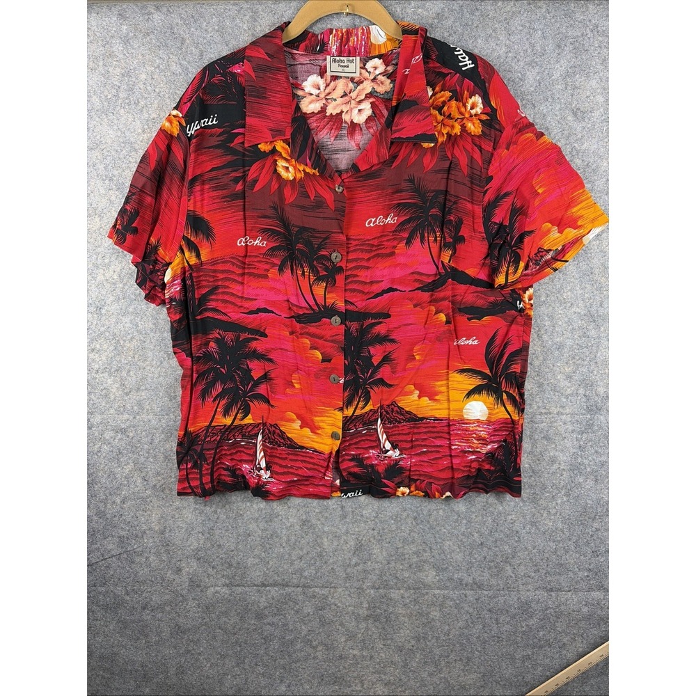 ALOHA HUT XL Red Aloha Shirt Palm Trees Made Hawaii Sailboats